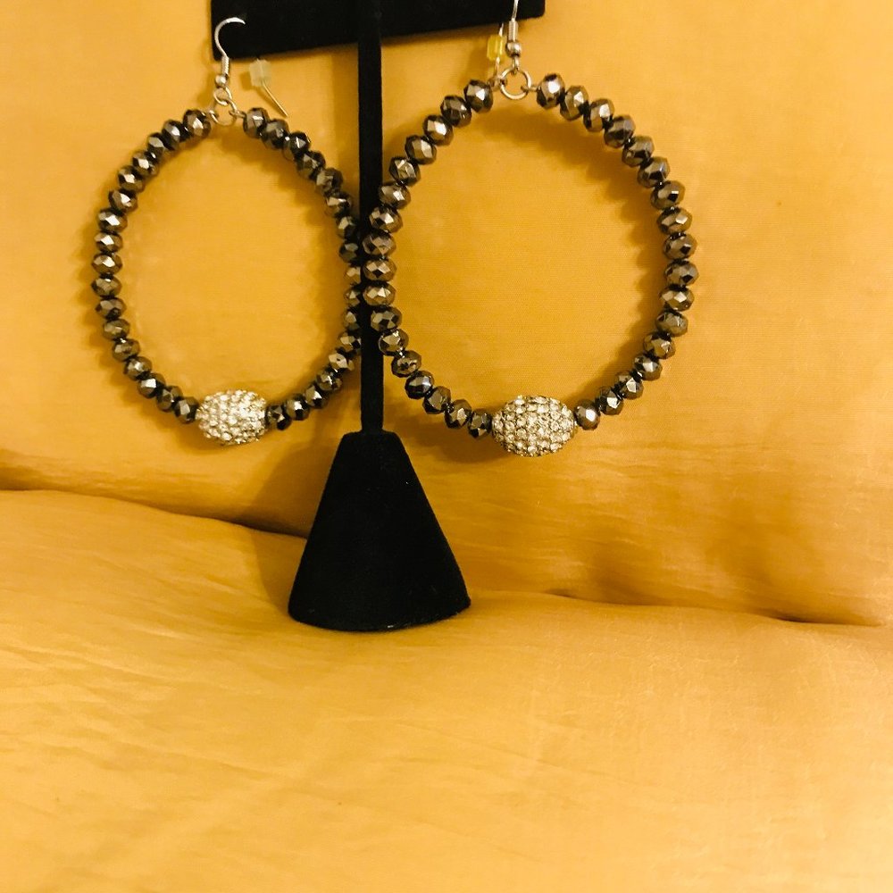 LARGE HOOP EARRINGS WITH SILVER BEADS AND CRYSTAL BALL PIERCED